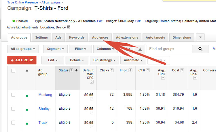 Google AdWords - Audiences Tab